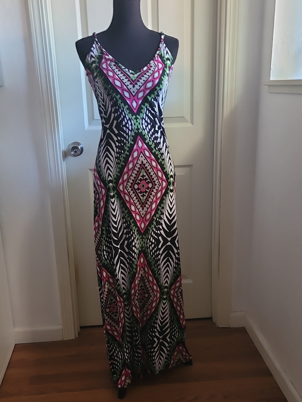 INC International Concepts Black Maxi Dress with Pink & Green Geometric Print XS